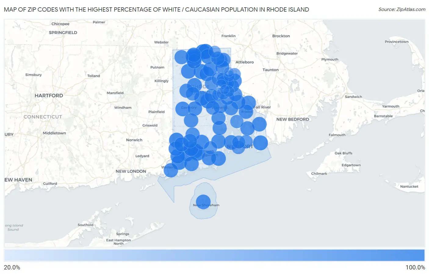 Zip Codes with the Highest Percentage of White / Caucasian Population in Rhode Island Map