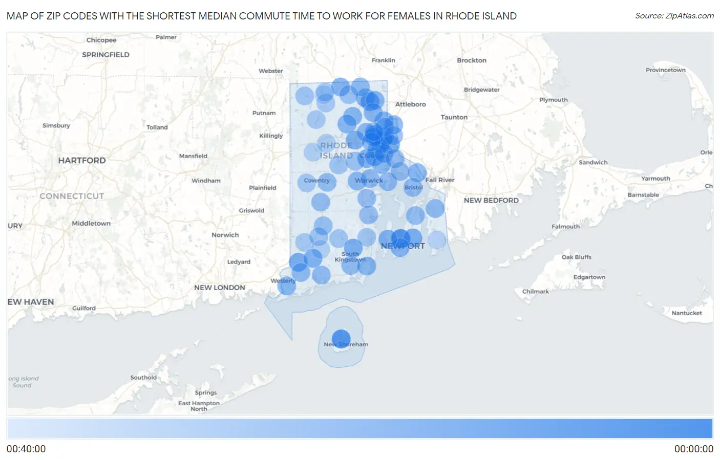 Zip Codes with the Shortest Median Commute Time to Work for Females in Rhode Island Map