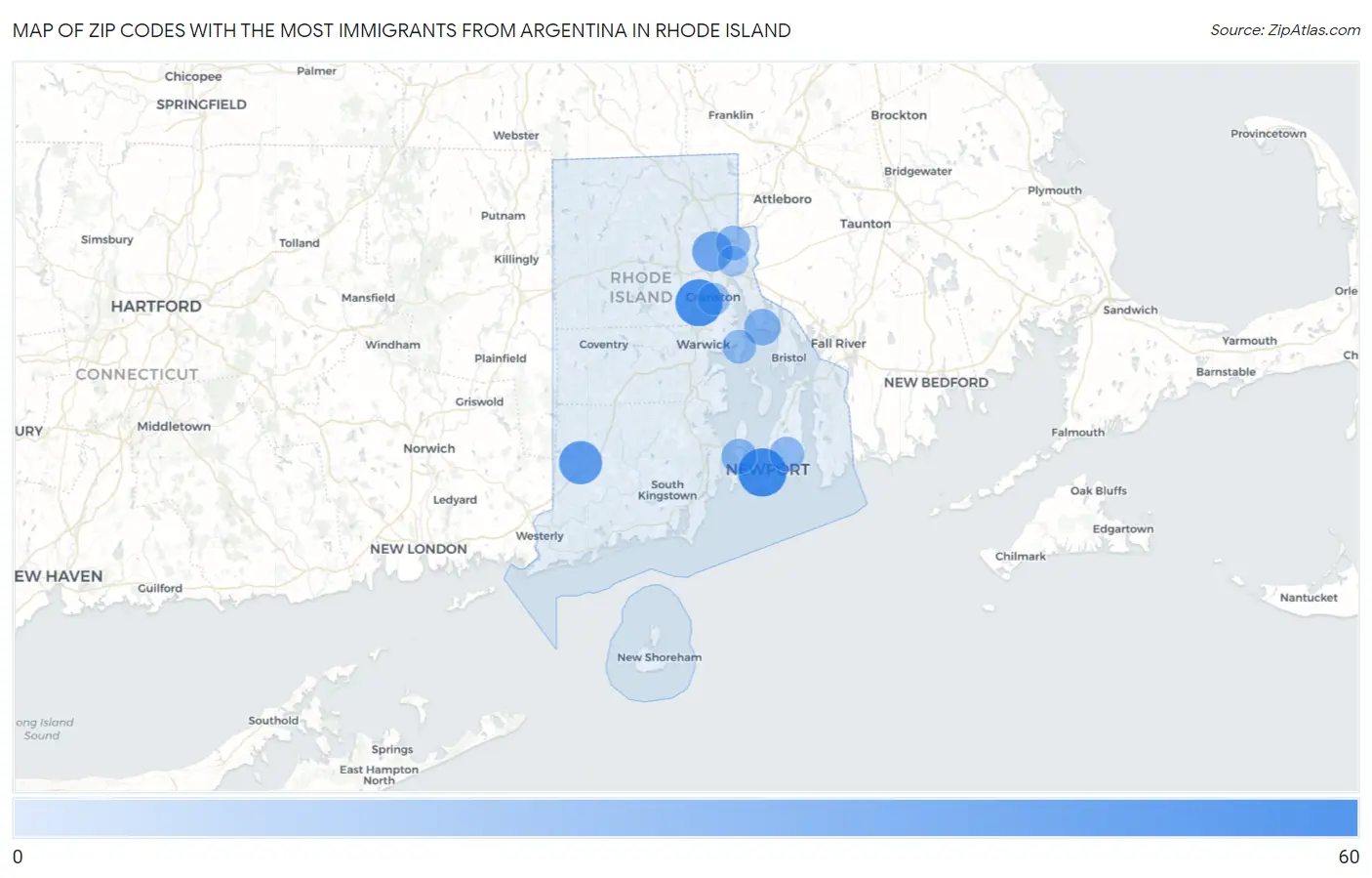 Zip Codes with the Most Immigrants from Argentina in Rhode Island Map