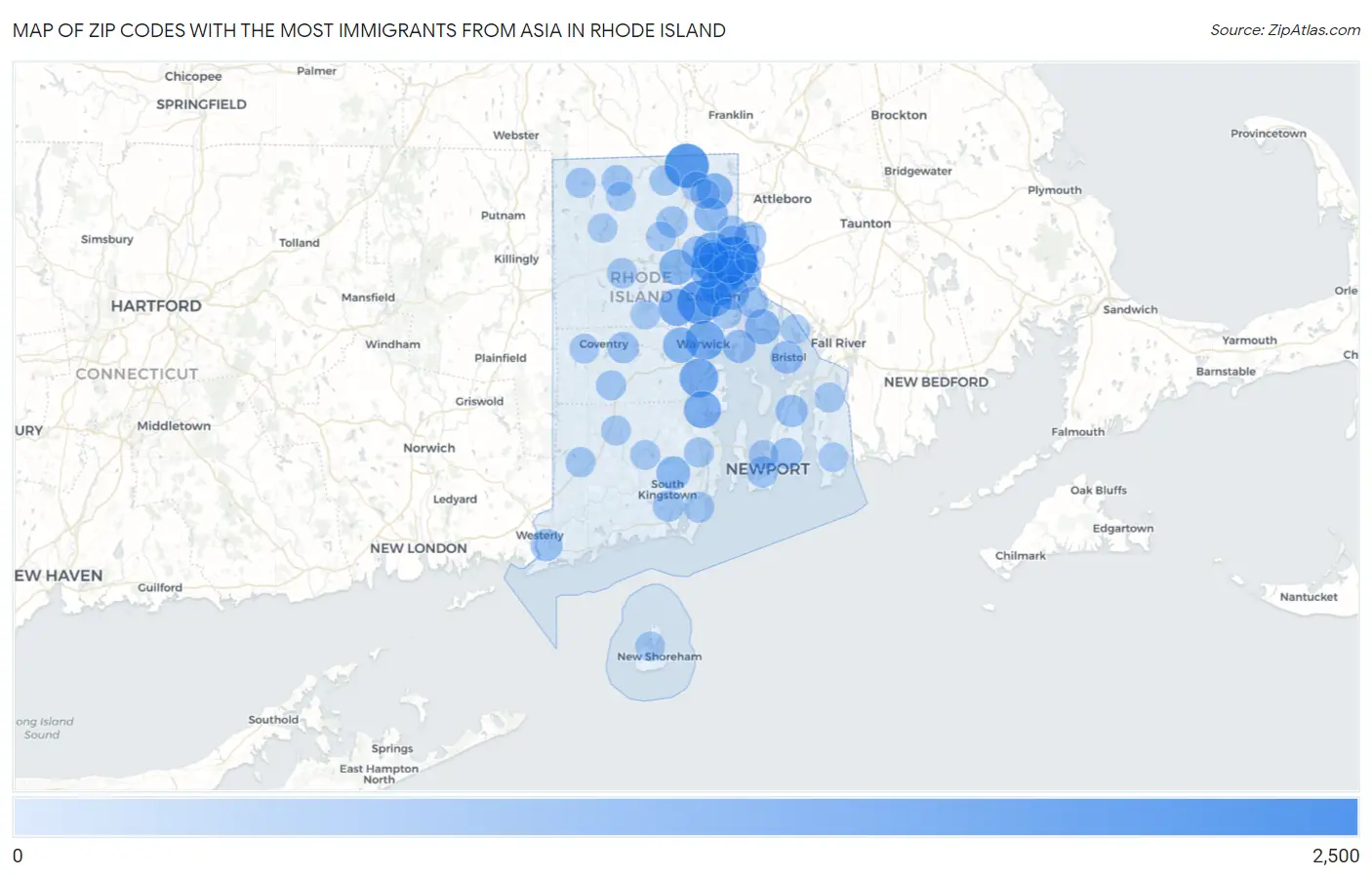 Zip Codes with the Most Immigrants from Asia in Rhode Island Map