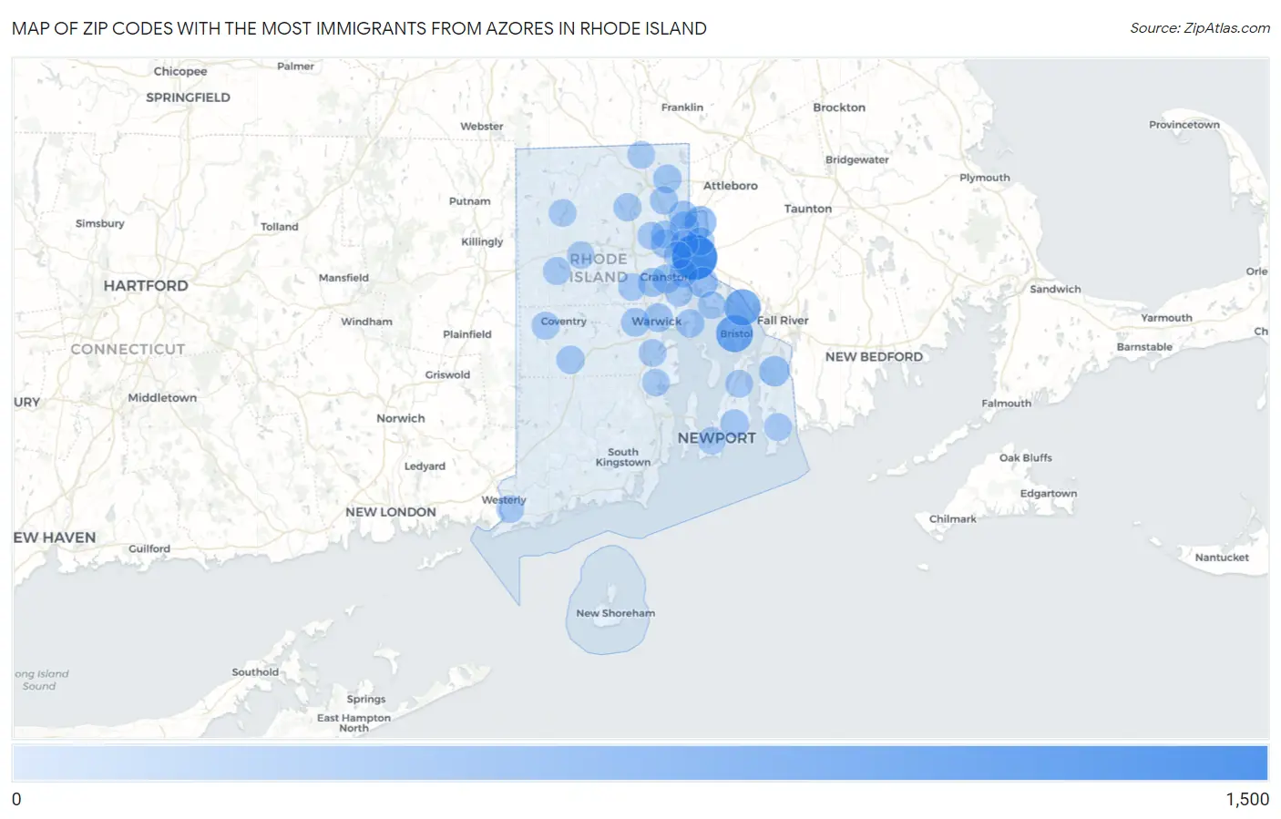 Zip Codes with the Most Immigrants from Azores in Rhode Island Map