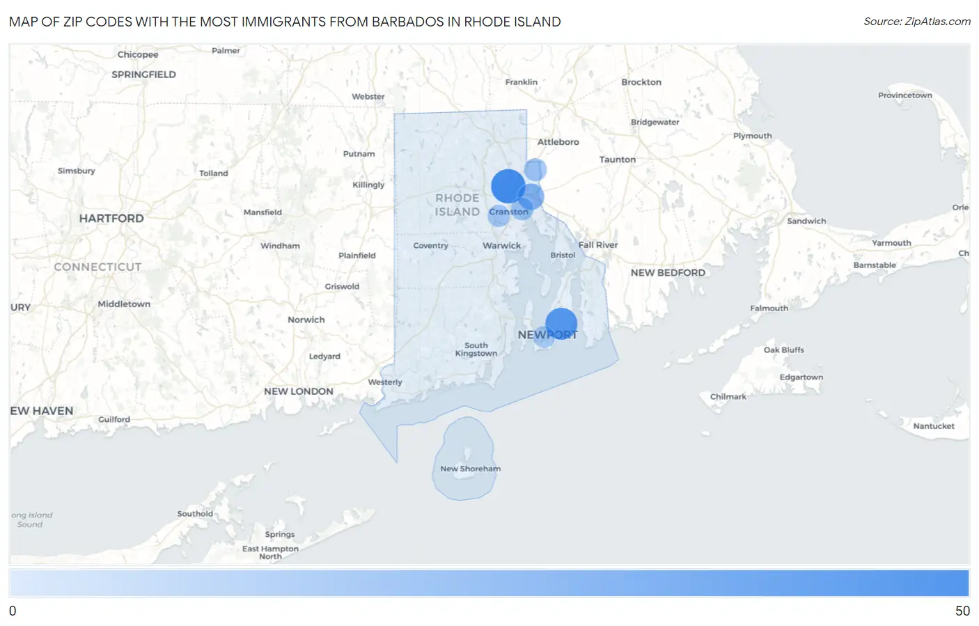 Zip Codes with the Most Immigrants from Barbados in Rhode Island Map