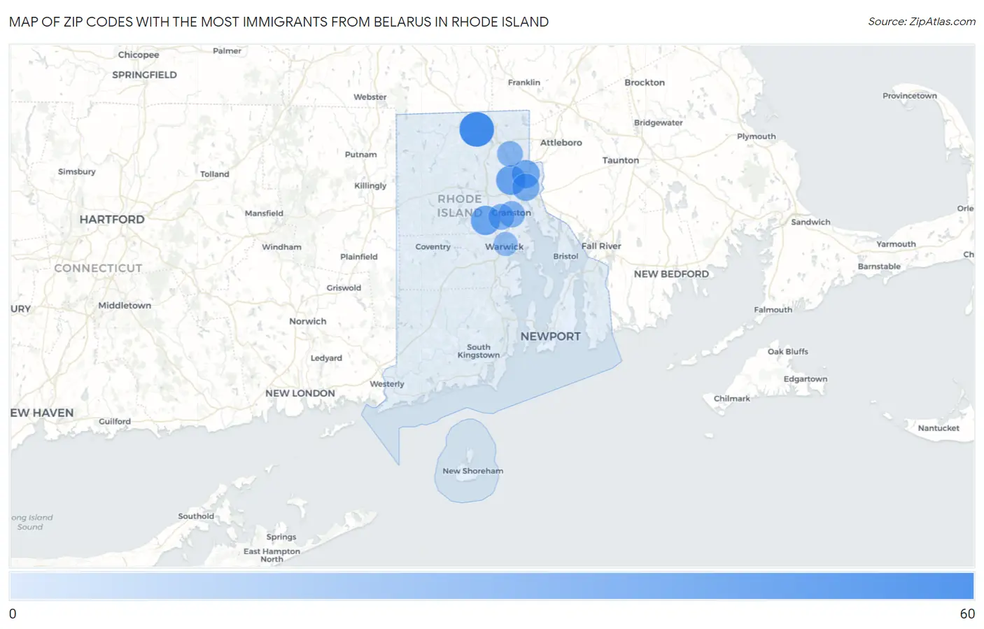 Zip Codes with the Most Immigrants from Belarus in Rhode Island Map