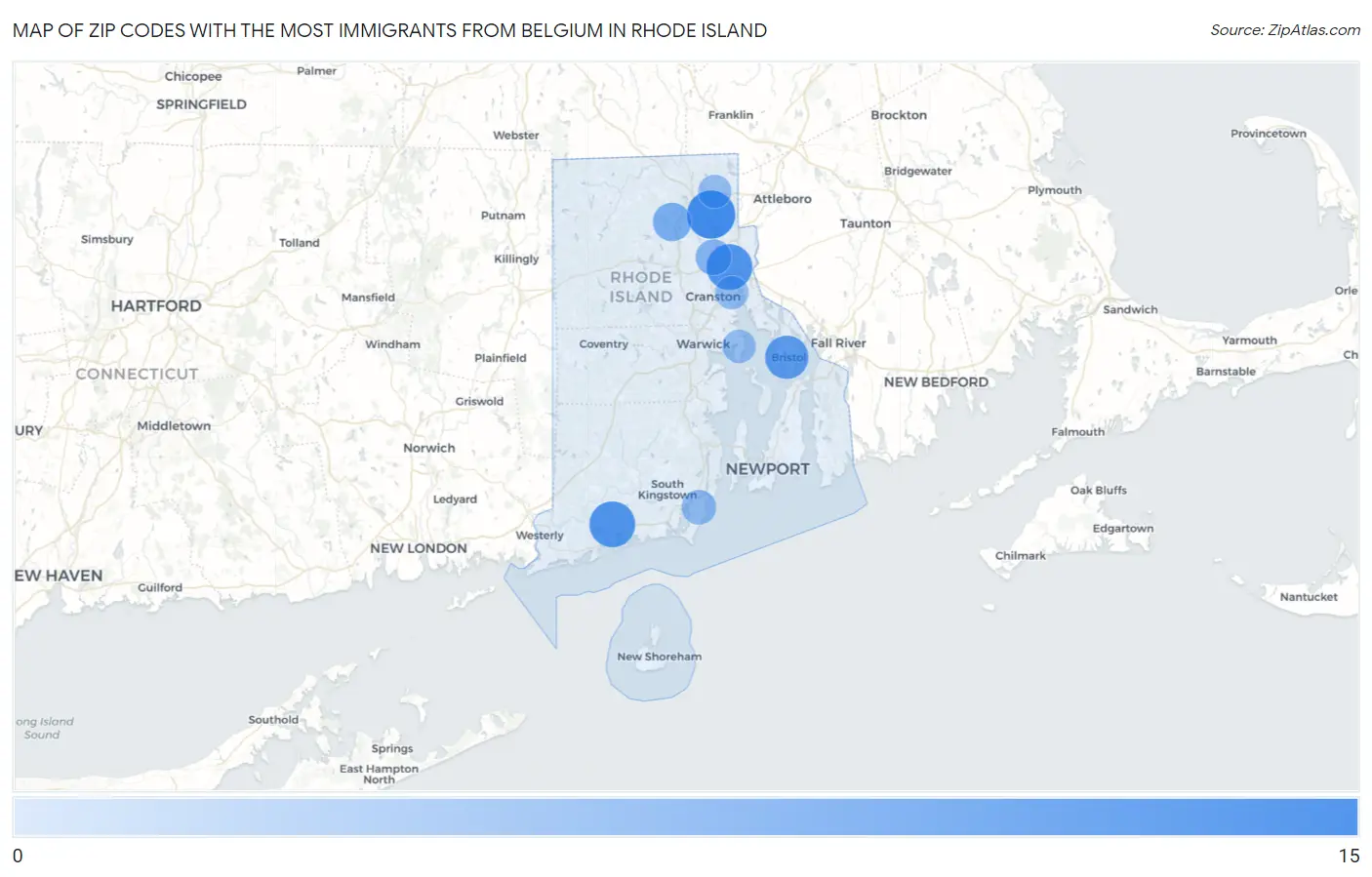 Zip Codes with the Most Immigrants from Belgium in Rhode Island Map