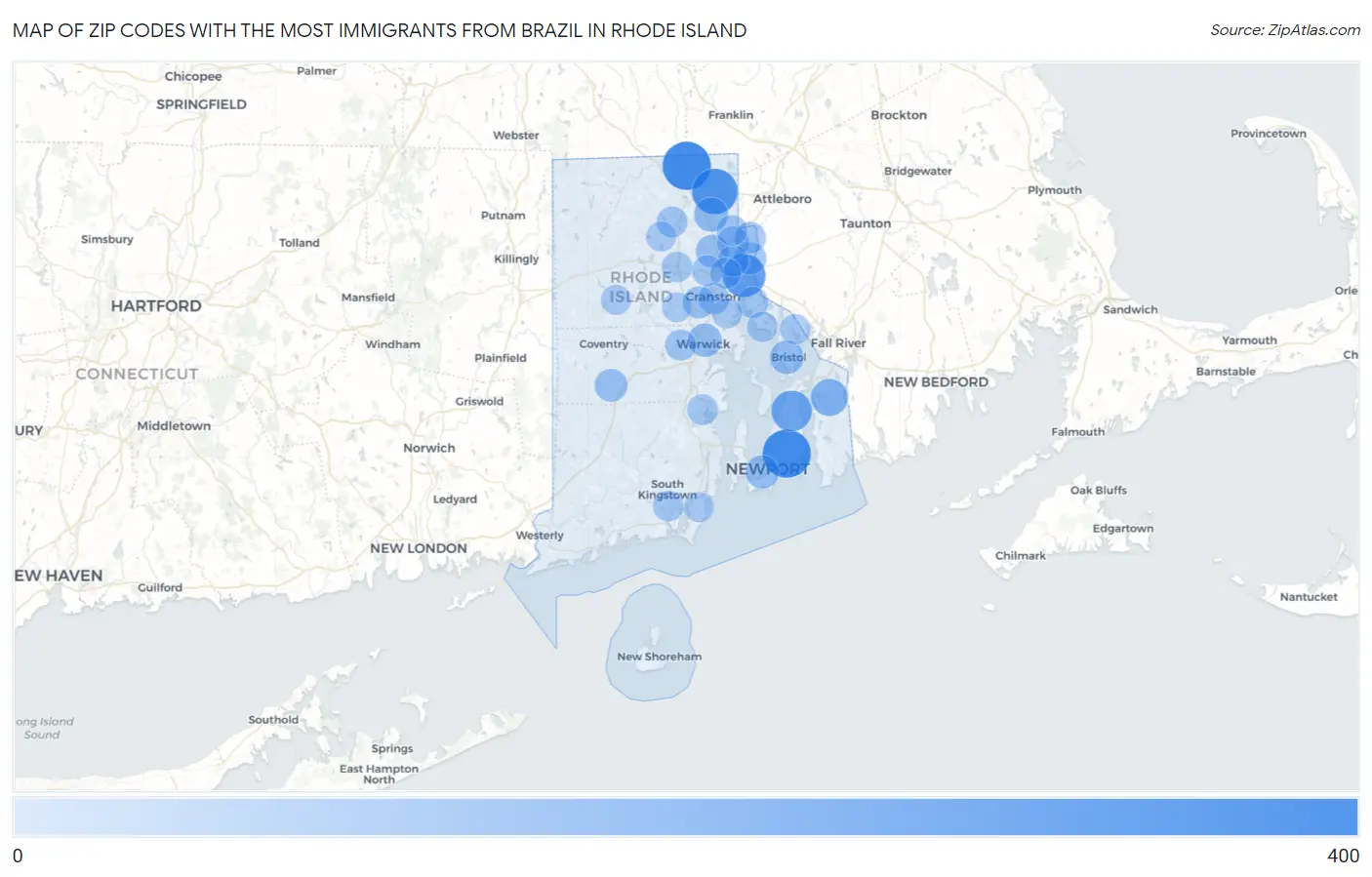 Zip Codes with the Most Immigrants from Brazil in Rhode Island Map