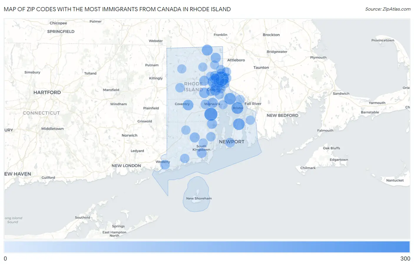 Zip Codes with the Most Immigrants from Canada in Rhode Island Map