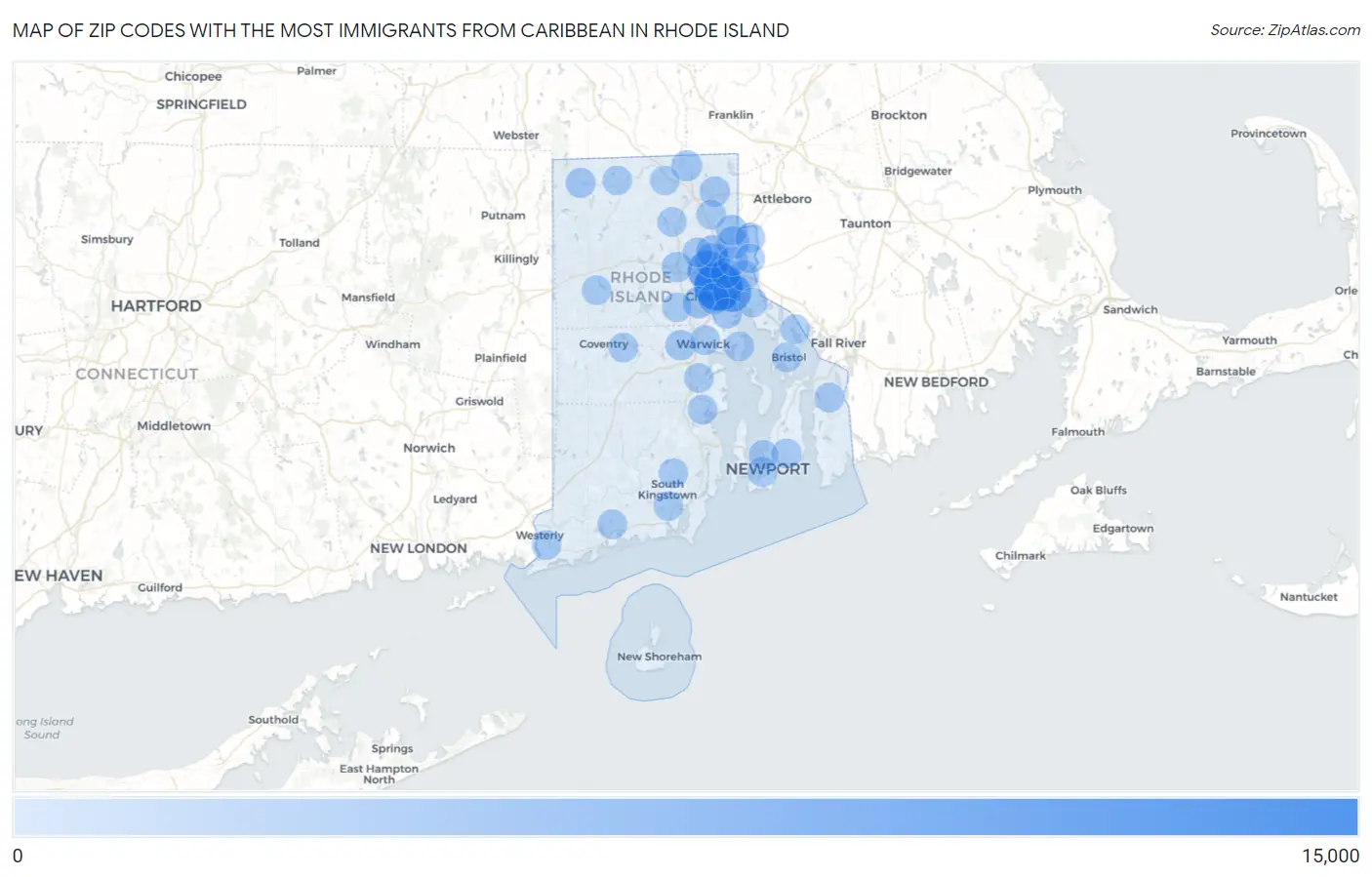 Zip Codes with the Most Immigrants from Caribbean in Rhode Island Map