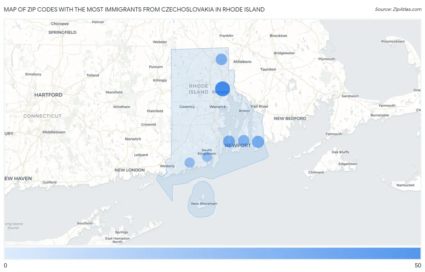 Zip Codes with the Most Immigrants from Czechoslovakia in Rhode Island Map