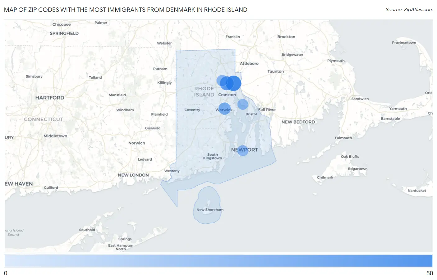 Zip Codes with the Most Immigrants from Denmark in Rhode Island Map