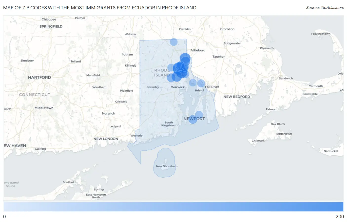 Zip Codes with the Most Immigrants from Ecuador in Rhode Island Map