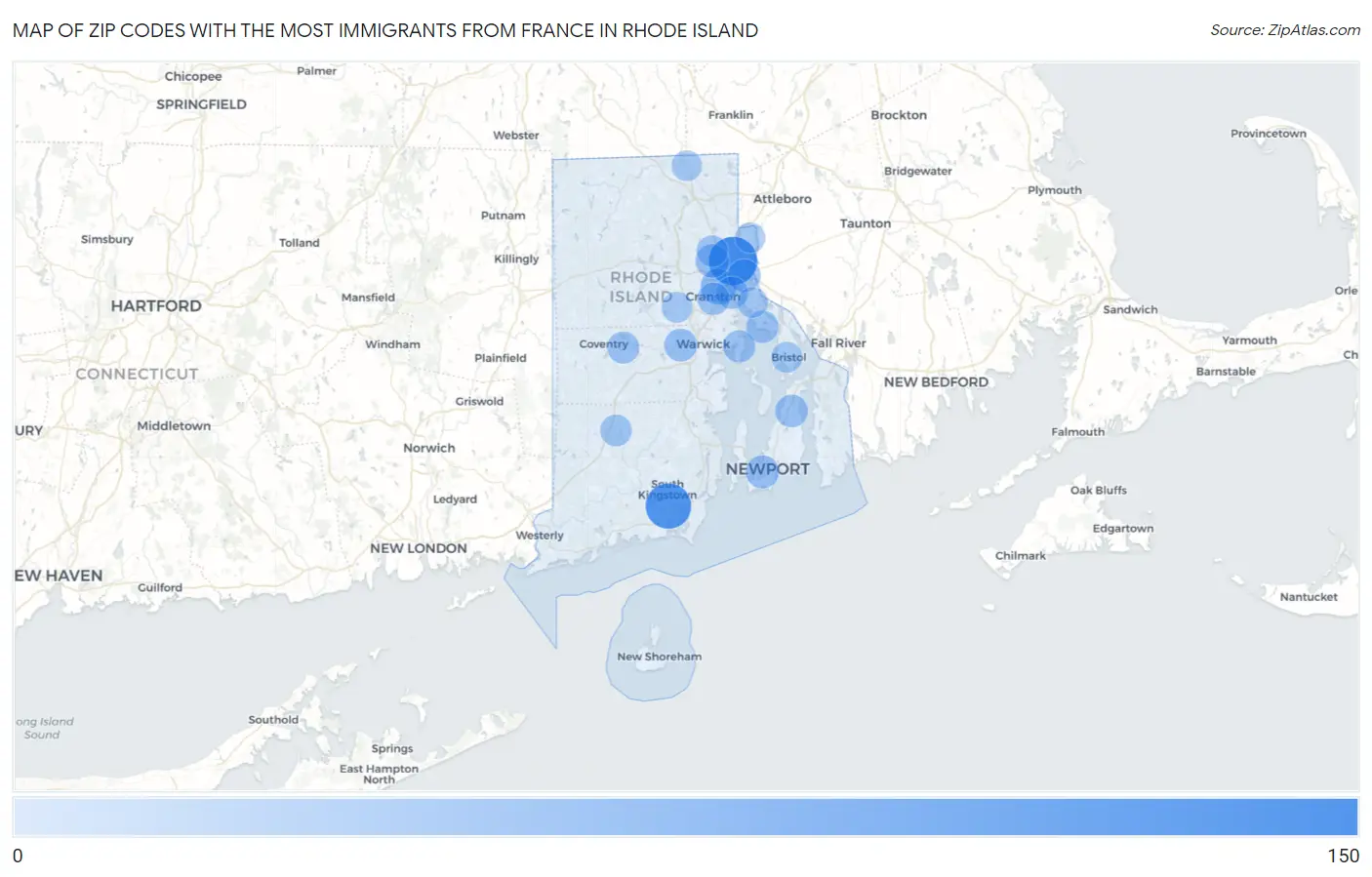 Zip Codes with the Most Immigrants from France in Rhode Island Map