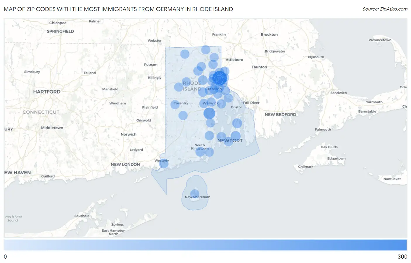 Zip Codes with the Most Immigrants from Germany in Rhode Island Map