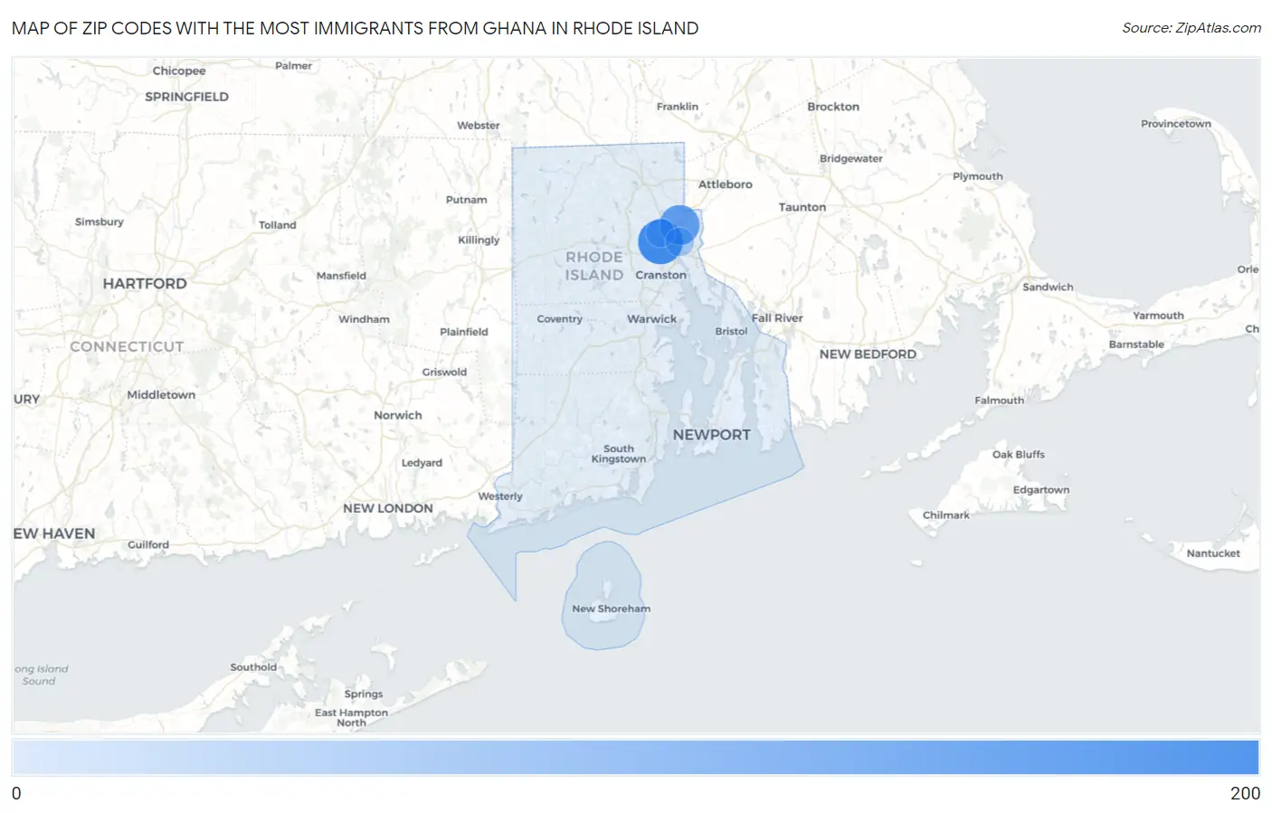 Zip Codes with the Most Immigrants from Ghana in Rhode Island Map