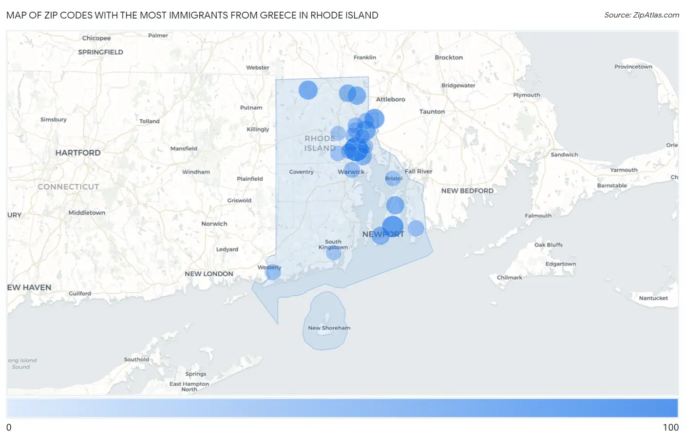 Zip Codes with the Most Immigrants from Greece in Rhode Island Map