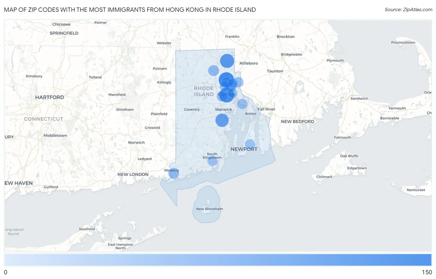 Zip Codes with the Most Immigrants from Hong Kong in Rhode Island Map