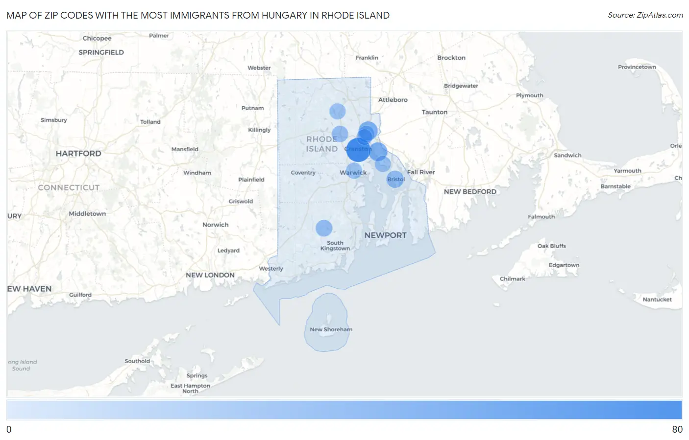 Zip Codes with the Most Immigrants from Hungary in Rhode Island Map