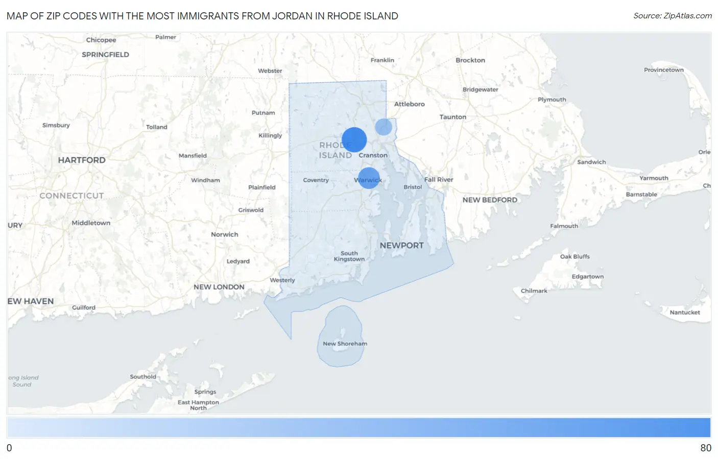 Zip Codes with the Most Immigrants from Jordan in Rhode Island Map
