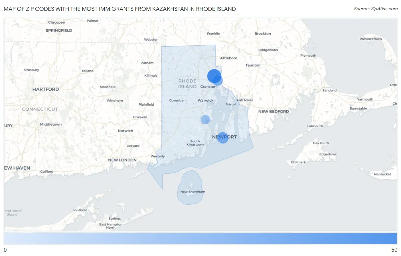 Zip Codes with the Most Immigrants from Kazakhstan in Rhode Island Map