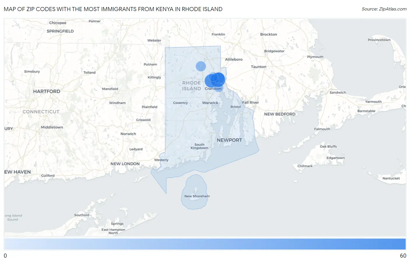 Zip Codes with the Most Immigrants from Kenya in Rhode Island Map