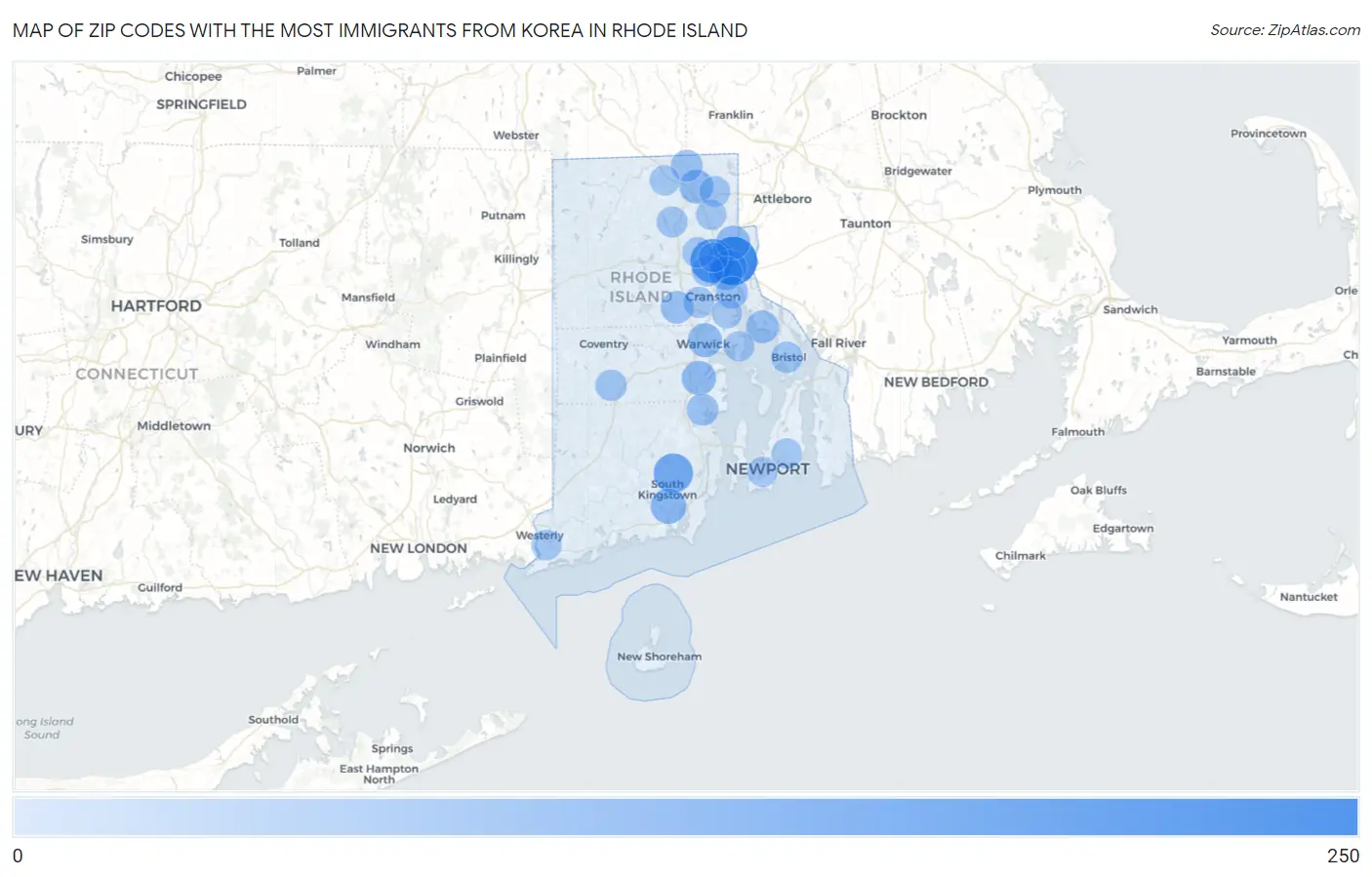 Zip Codes with the Most Immigrants from Korea in Rhode Island Map