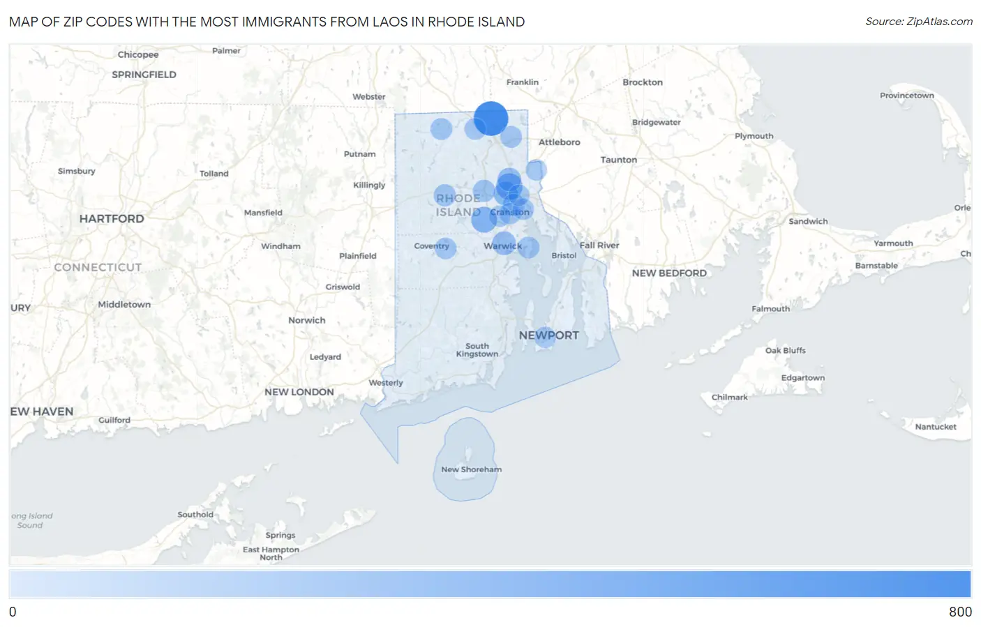 Zip Codes with the Most Immigrants from Laos in Rhode Island Map
