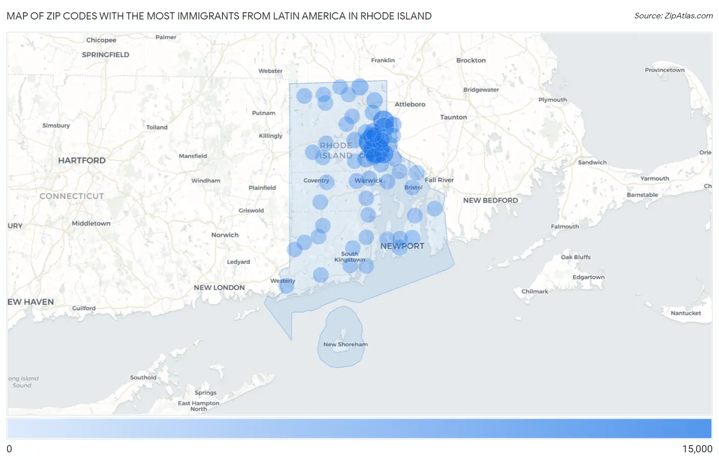 Zip Codes with the Most Immigrants from Latin America in Rhode Island Map