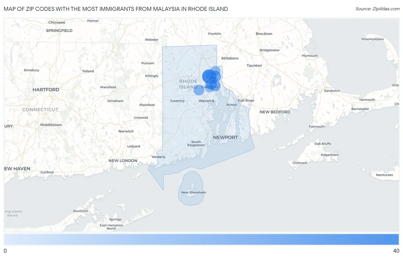 Zip Codes with the Most Immigrants from Malaysia in Rhode Island Map