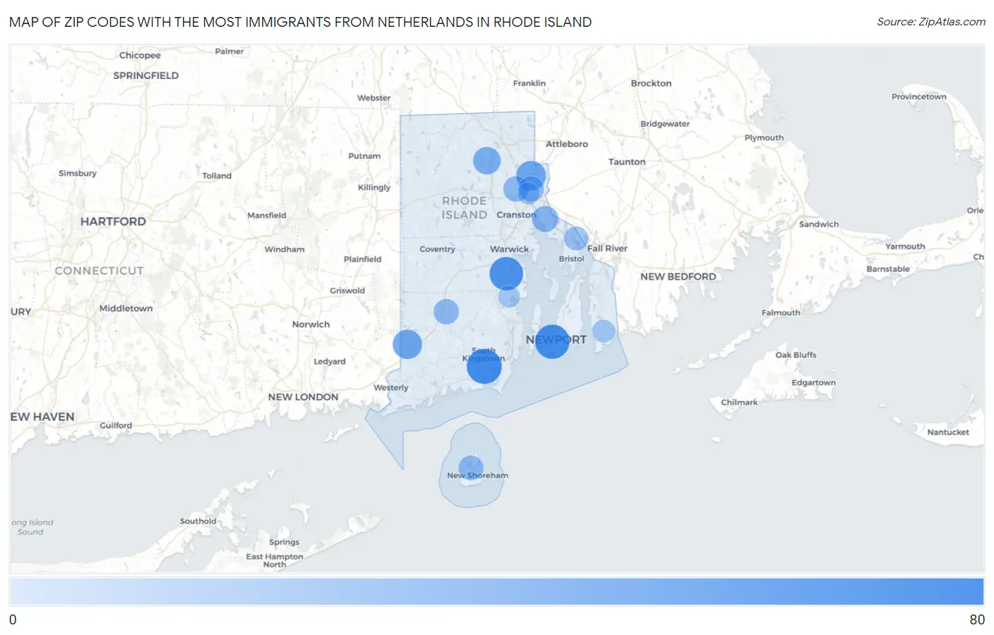 Zip Codes with the Most Immigrants from Netherlands in Rhode Island Map