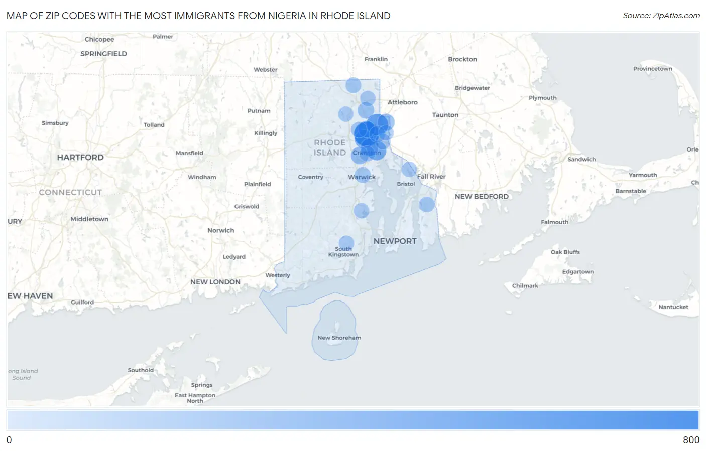 Zip Codes with the Most Immigrants from Nigeria in Rhode Island Map