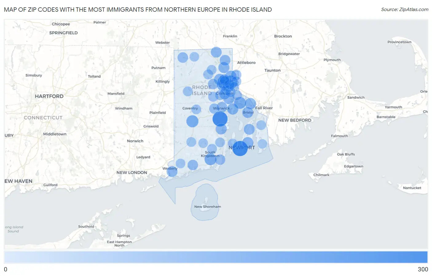 Zip Codes with the Most Immigrants from Northern Europe in Rhode Island Map