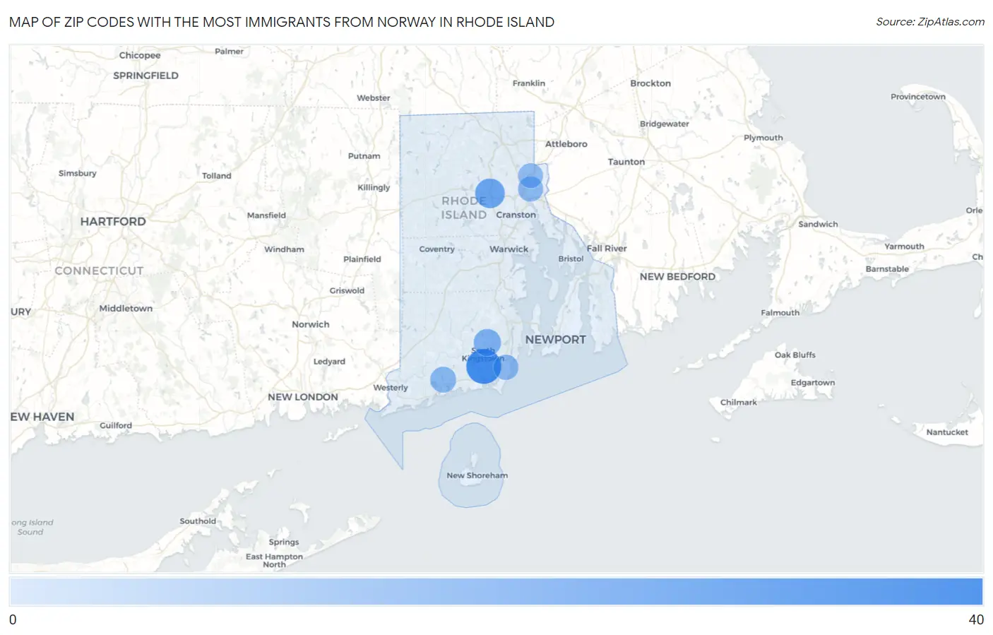 Zip Codes with the Most Immigrants from Norway in Rhode Island Map