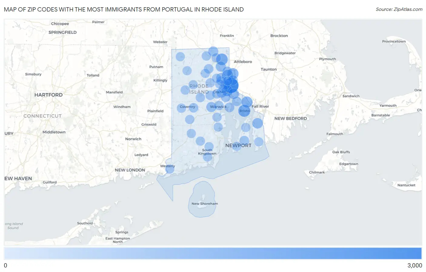 Zip Codes with the Most Immigrants from Portugal in Rhode Island Map