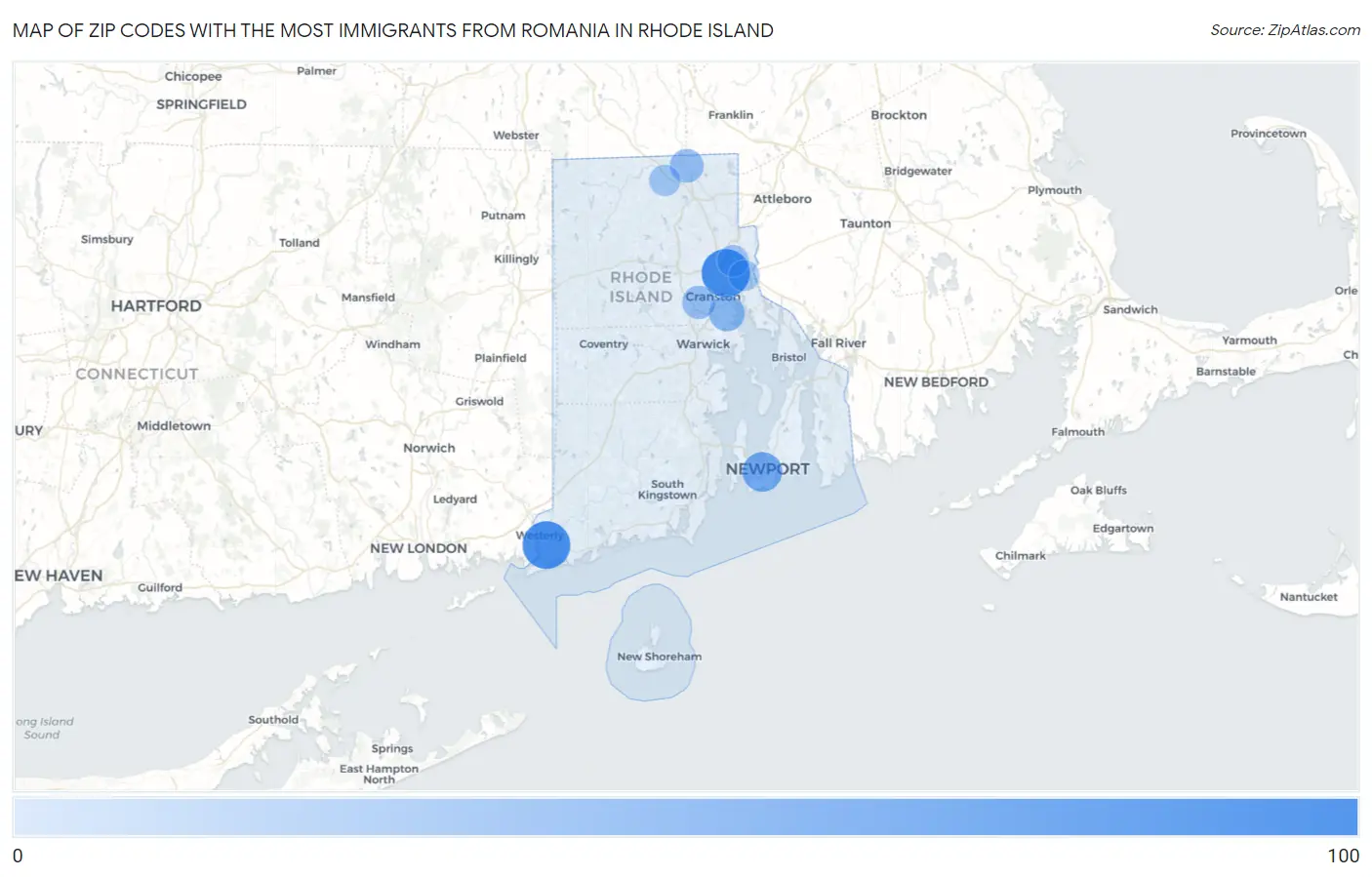 Zip Codes with the Most Immigrants from Romania in Rhode Island Map