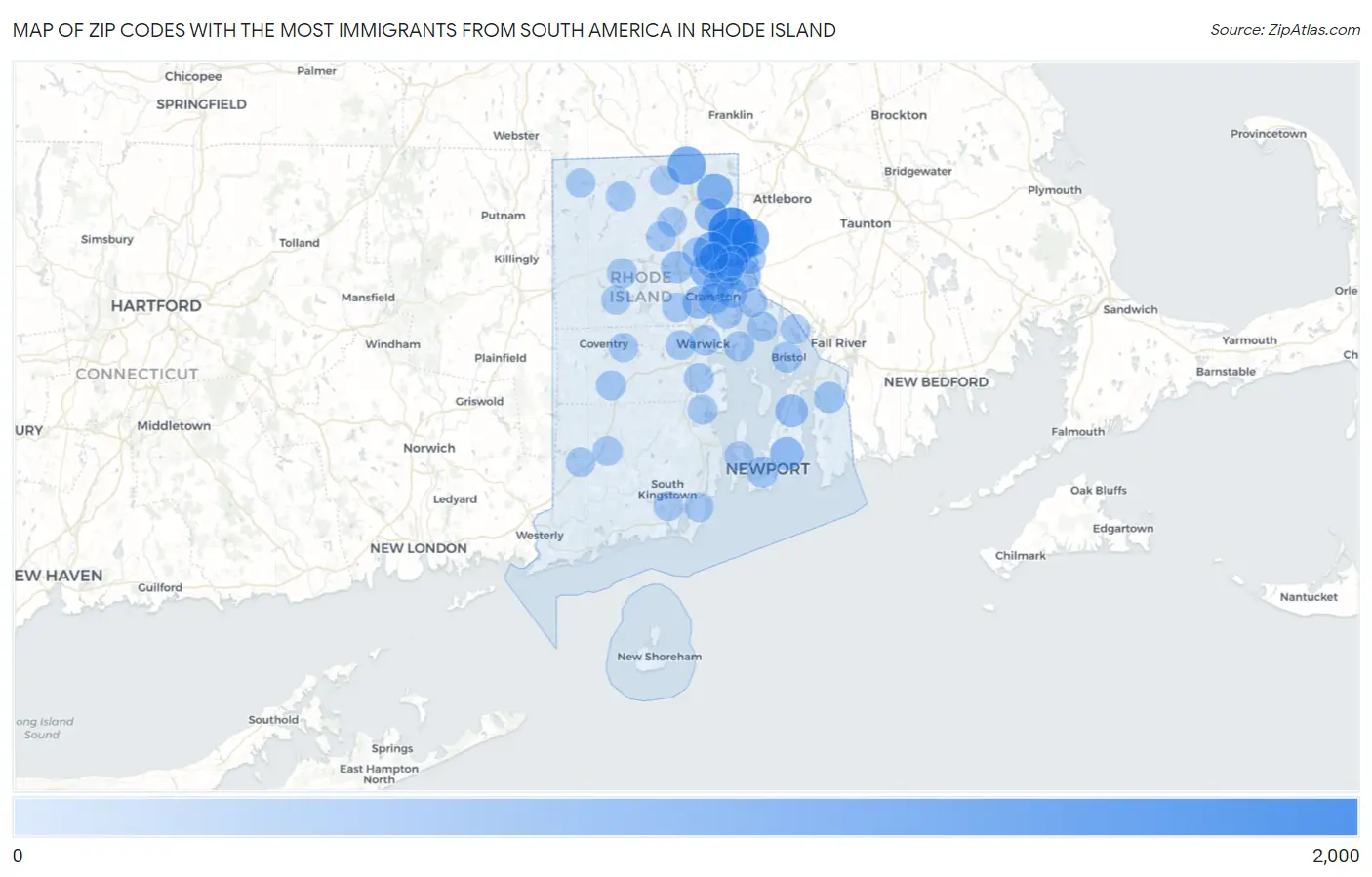 Zip Codes with the Most Immigrants from South America in Rhode Island Map