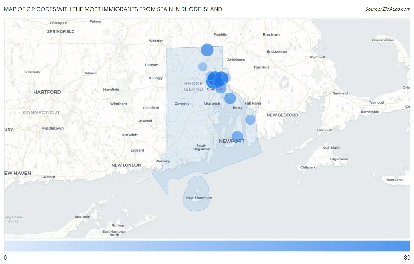 Zip Codes with the Most Immigrants from Spain in Rhode Island Map