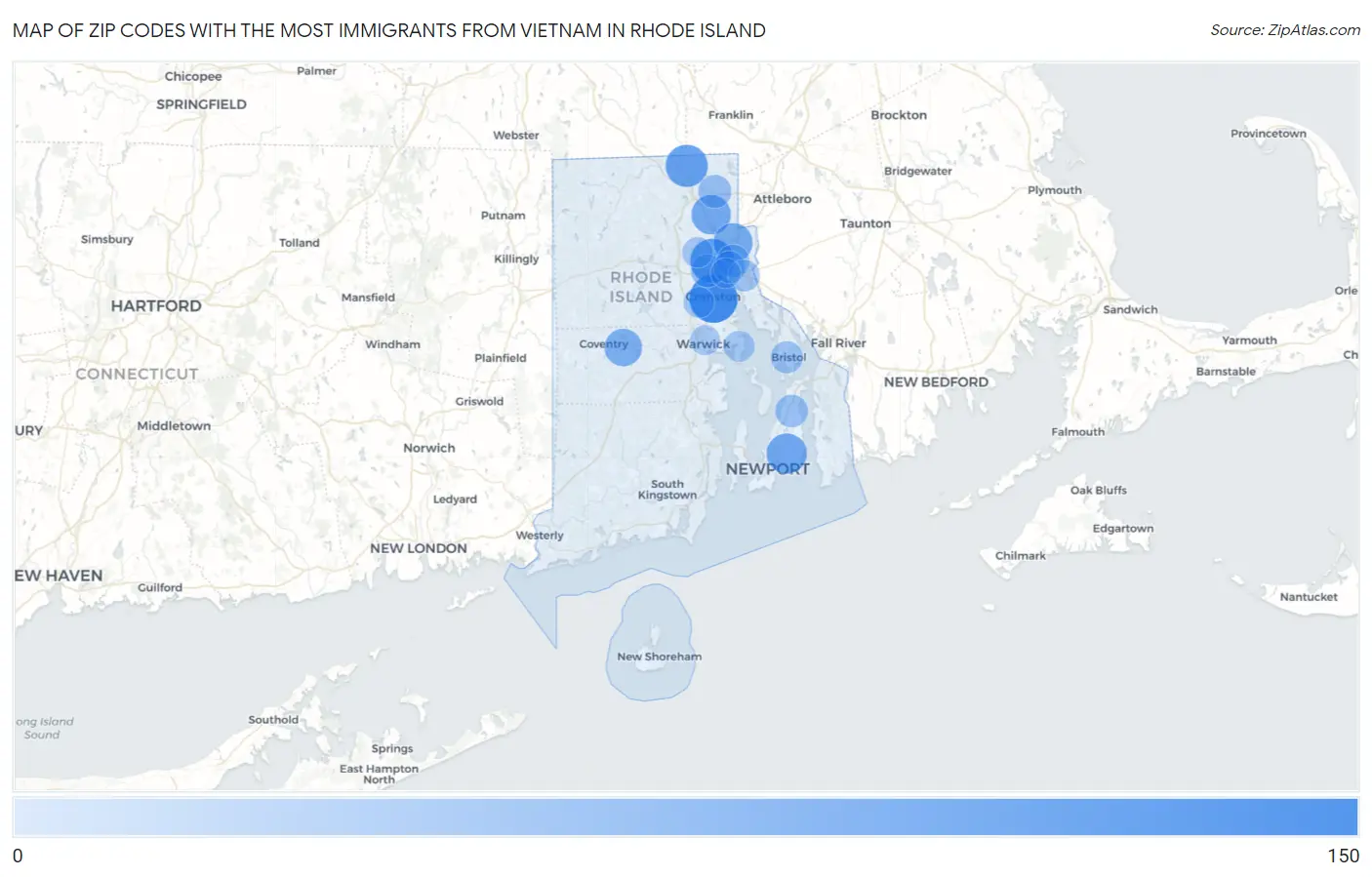 Zip Codes with the Most Immigrants from Vietnam in Rhode Island Map