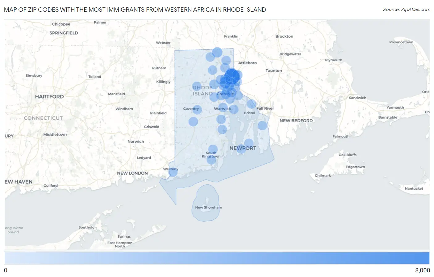 Zip Codes with the Most Immigrants from Western Africa in Rhode Island Map