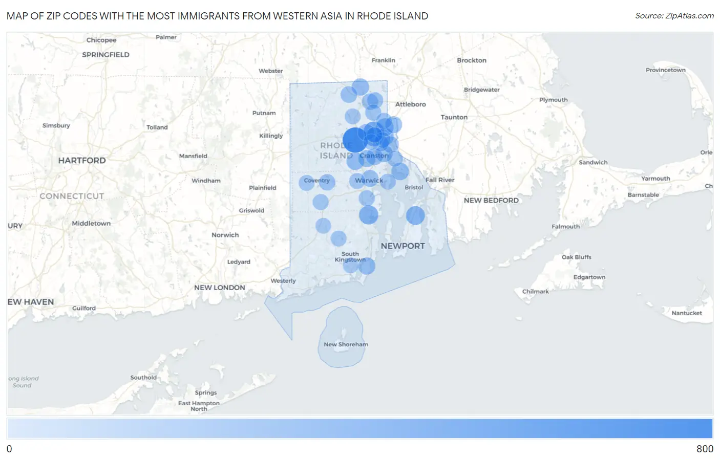 Zip Codes with the Most Immigrants from Western Asia in Rhode Island Map