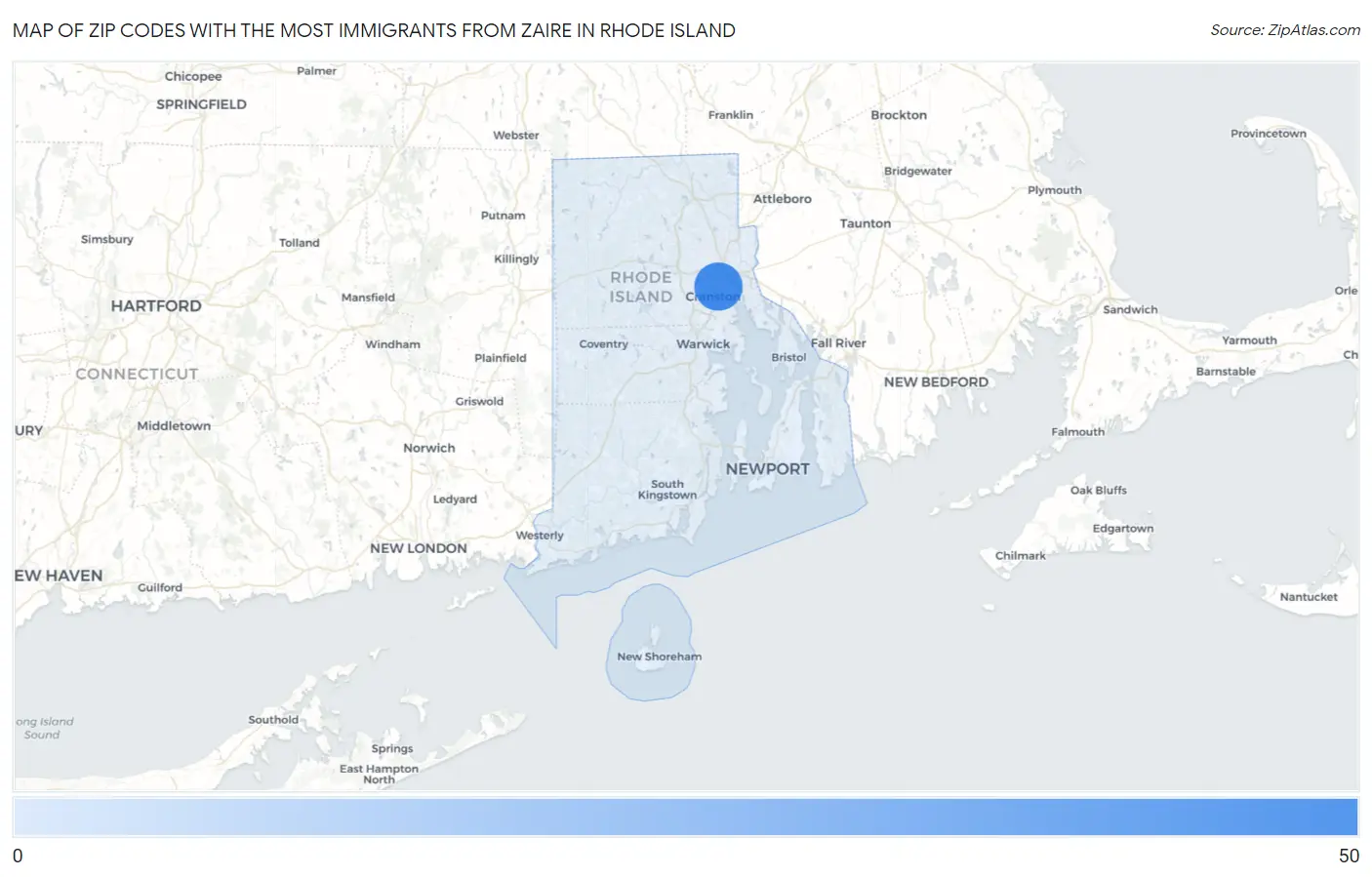 Zip Codes with the Most Immigrants from Zaire in Rhode Island Map