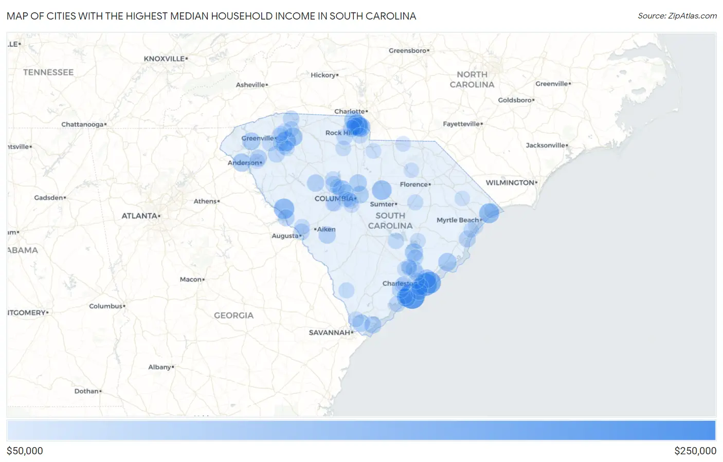 Cities with the Highest Median Household Income in South Carolina Map