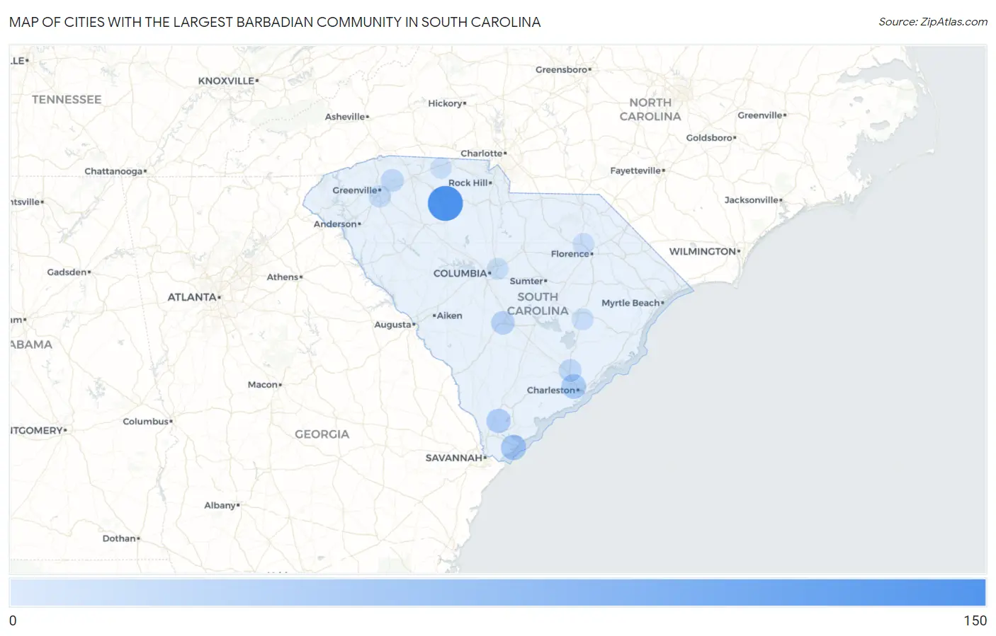 Cities with the Largest Barbadian Community in South Carolina Map
