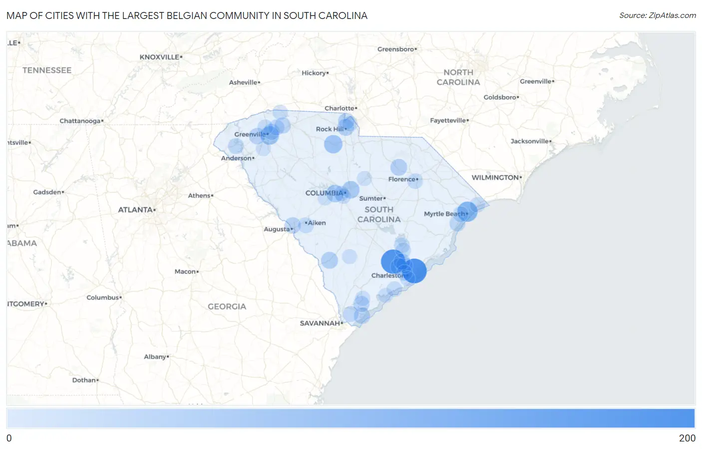 Cities with the Largest Belgian Community in South Carolina Map