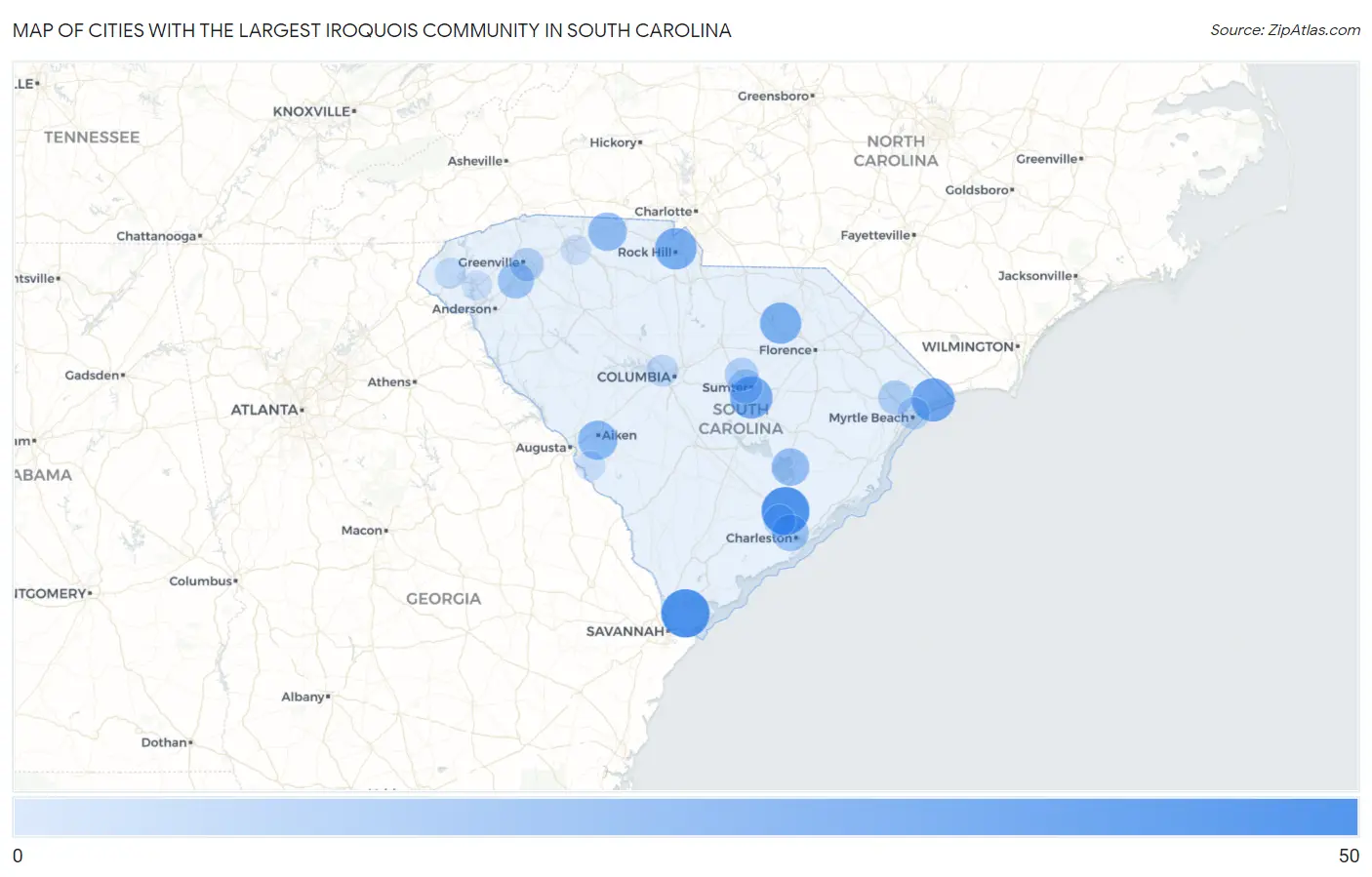 Cities with the Largest Iroquois Community in South Carolina Map