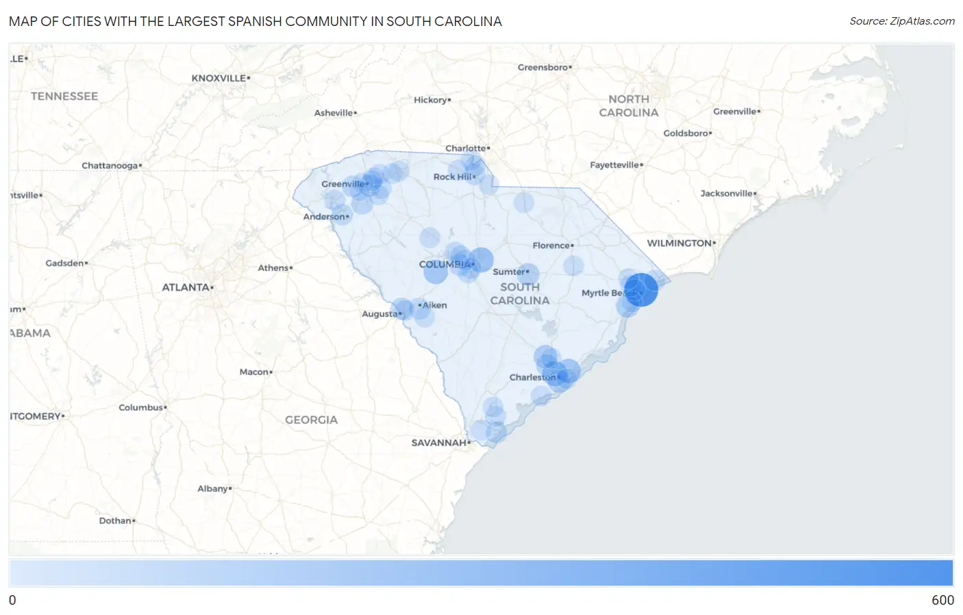 Cities with the Largest Spanish Community in South Carolina Map