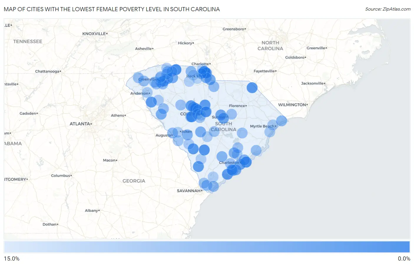 Cities with the Lowest Female Poverty Level in South Carolina Map