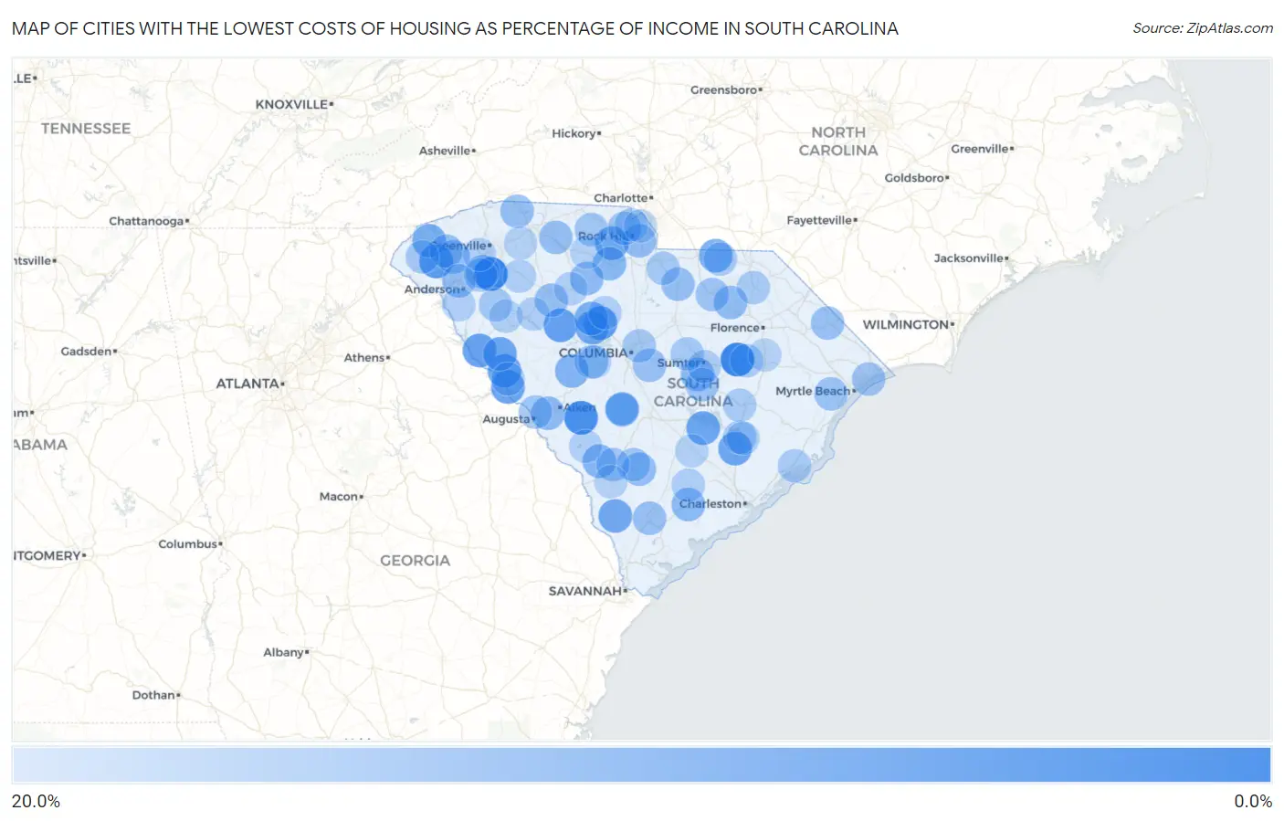 Cities with the Lowest Costs of Housing as Percentage of Income in South Carolina Map