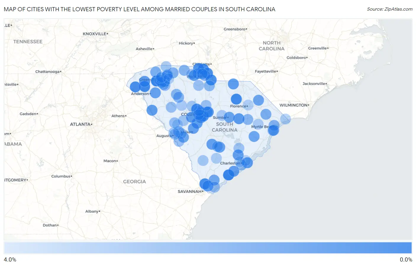 Cities with the Lowest Poverty Level Among Married Couples in South Carolina Map