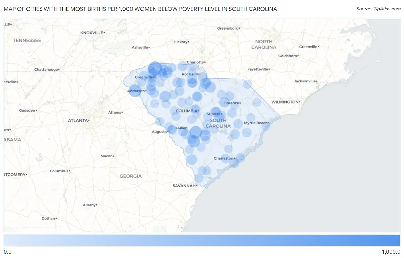 Cities with the Most Births per 1,000 Women Below Poverty Level in South Carolina Map