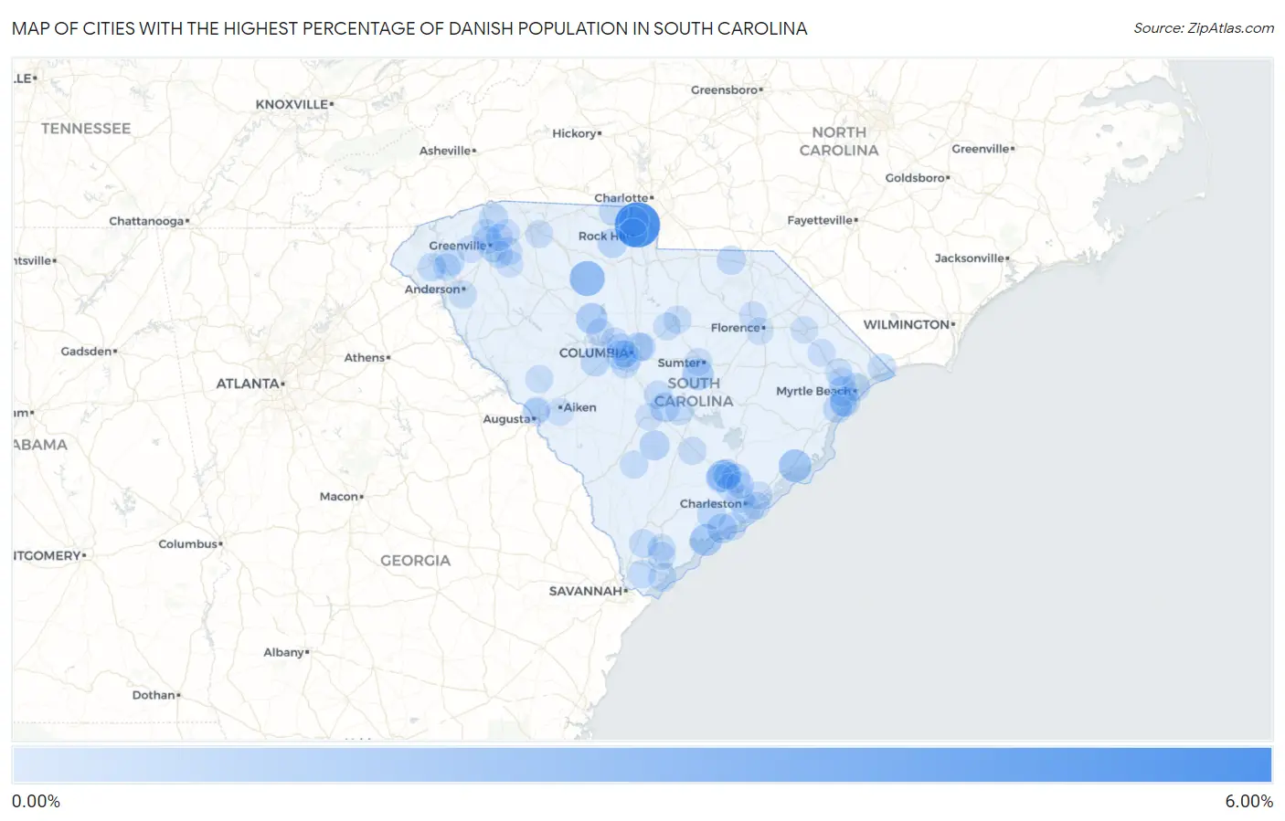 Cities with the Highest Percentage of Danish Population in South Carolina Map