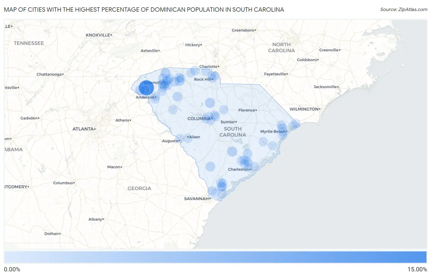 Cities with the Highest Percentage of Dominican Population in South Carolina Map